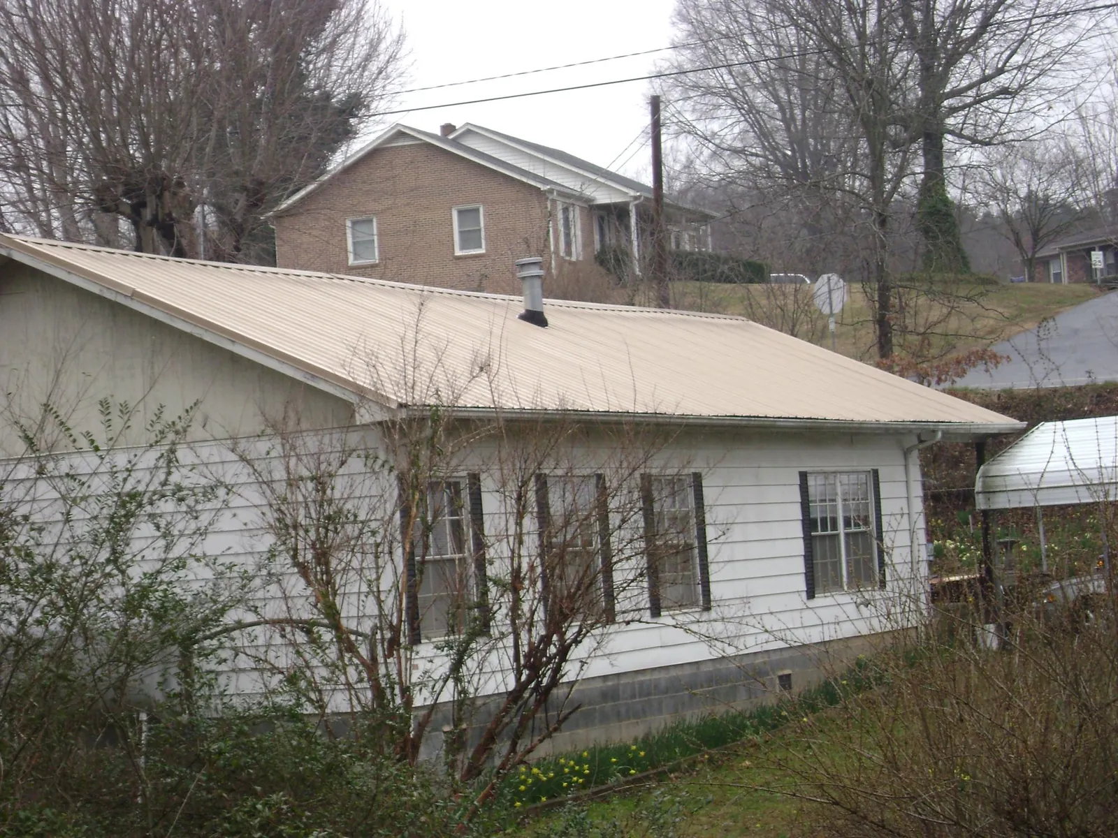 Tan metal roof on a white sided house set into a hillside — Commercial Roofing by Roofing Brothers in Fort Gaines